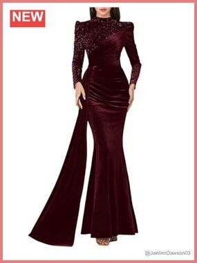 High Neck Velvet Sequin Mermaid Prom Dress Long Sleeve Formal Gown